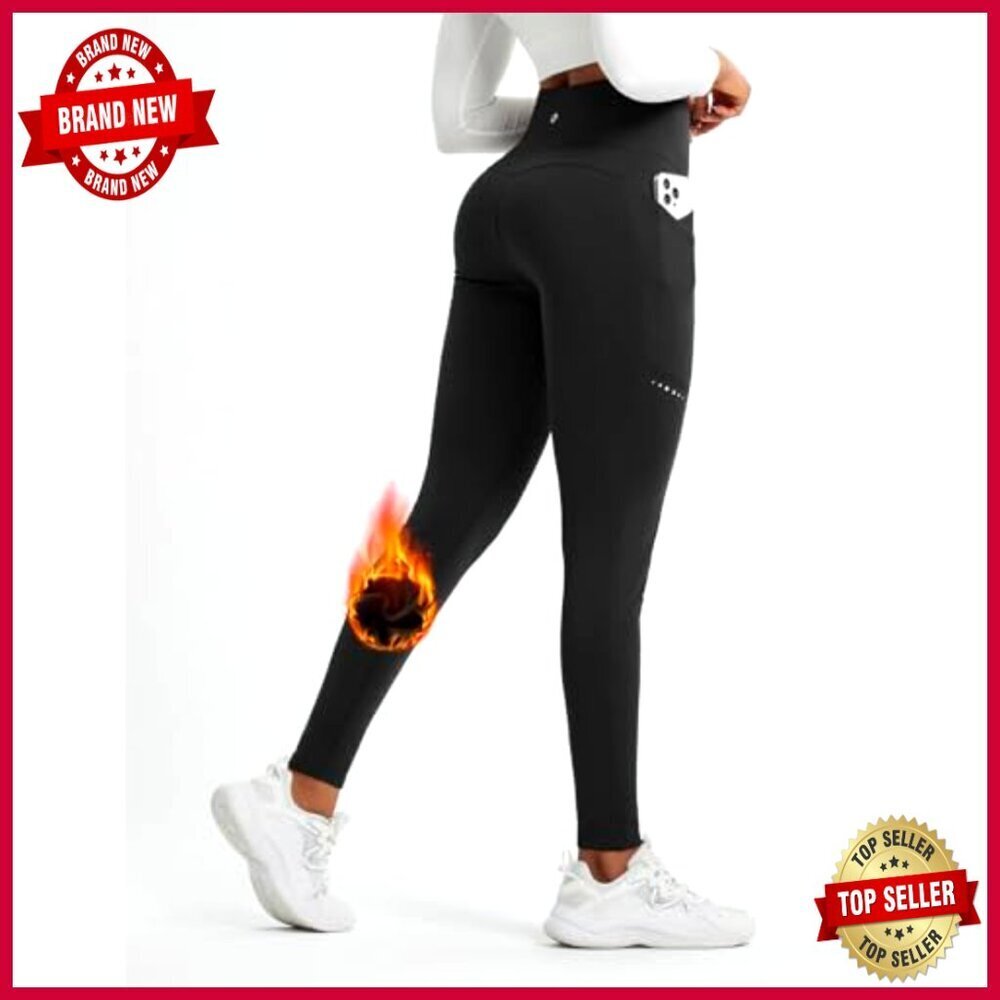 Fleece Lined Thermal Leggings High Waisted Cross Pockets Winter Warm Active - Picture 2 of 7